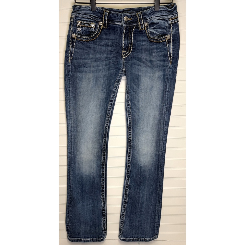 Miss Me Y2K Grunge Rhinestone Flap Pocket Bootcut Jeans Blue Denim Size 30 - Picture 1 of 16